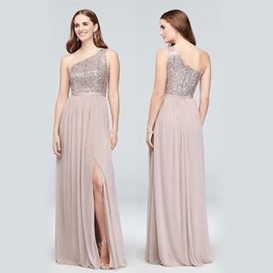 David's Bridal Sequin and Mesh One Shoulder Dress